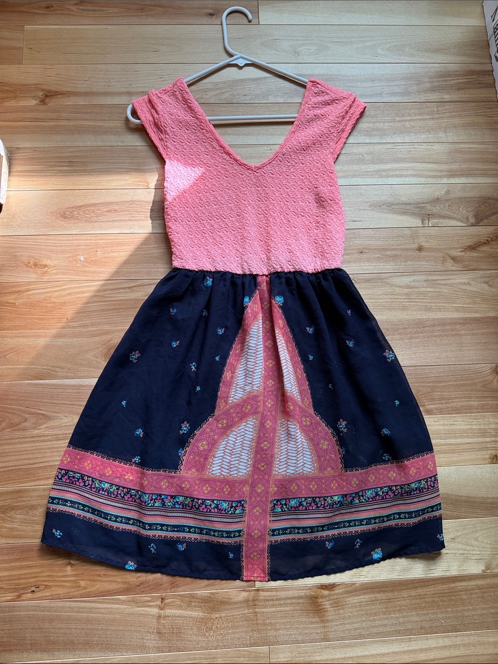 Pink and Navy Cotton Dress with Printed Skirt